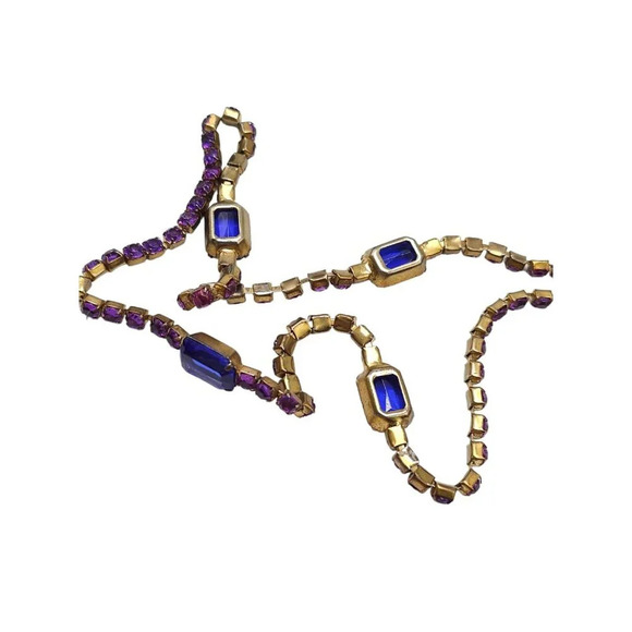 Blue Purple Faceted Crystal Rhinestone Station Necklace Gold Tone Vintage - Picture 4 of 5